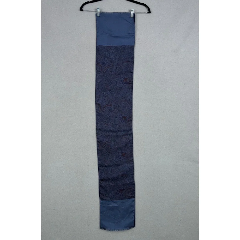 Christian Dior Scarf Mens OS Blue Paisley Silk Wool Reversible Luxury Fringed